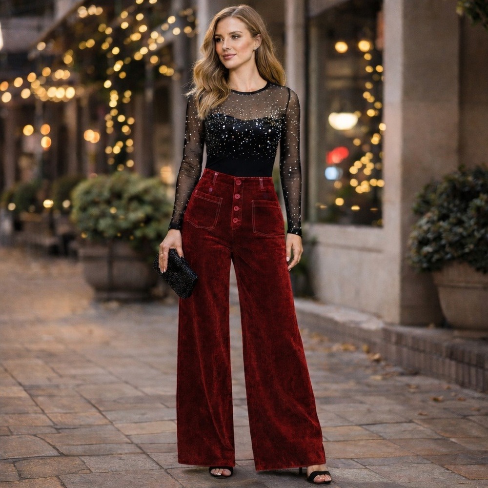 Halara Wide-Leg Red Velour‎ Faux Button Pants S Cocktail Sultry Vamp Whimsygoth